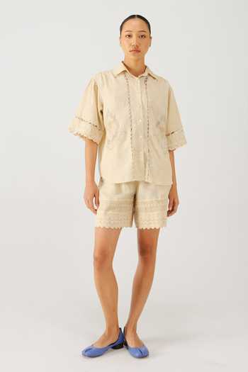 Buy_Cord_Ivory Linen Embroidery, Lace Button-down Neck Victorian Shirt And Shorts Set _at_Aza_Fashions