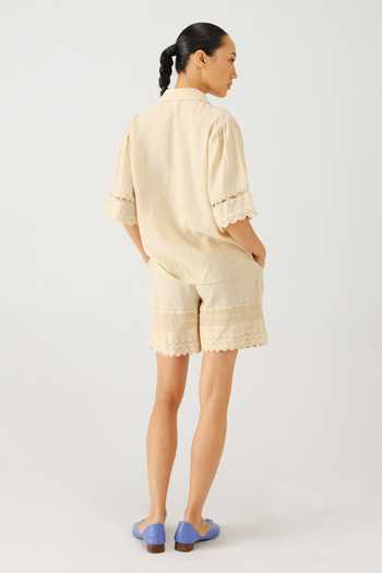 Shop_Cord_Ivory Linen Embroidery, Lace Button-down Neck Victorian Shirt And Shorts Set _at_Aza_Fashions