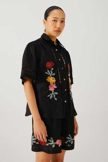 Cord_Black Linen Embroidery Collared Victorian Pixel Shirt _Online_at_Aza_Fashions
