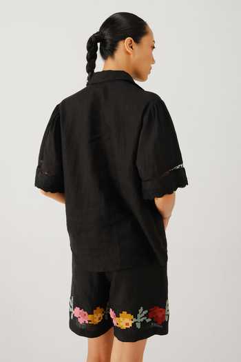 Shop_Cord_Black Linen Embroidery Collared Victorian Pixel Shirt _at_Aza_Fashions