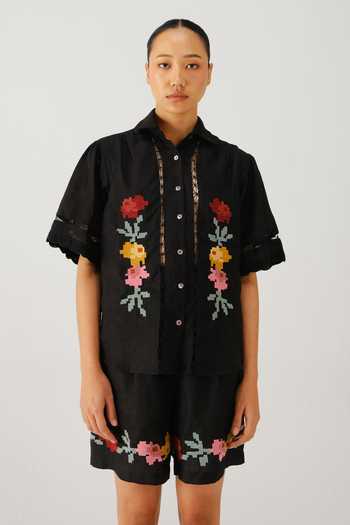 Buy_Cord_Black Linen Embroidery Collared Victorian Pixel Shirt _at_Aza_Fashions
