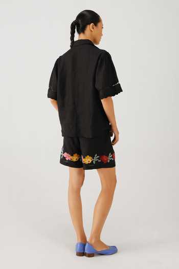 Shop_Cord_Black Linen Embroidery Collared Pixel Shirt And Shorts Set _at_Aza_Fashions