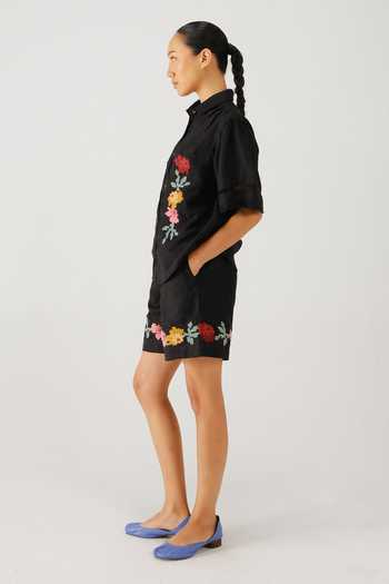 Cord_Black Linen Embroidery Collared Pixel Shirt And Shorts Set _Online_at_Aza_Fashions