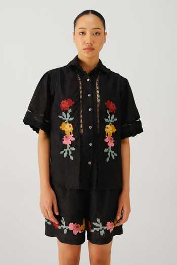 Cord_Black Linen Embroidery Collared Pixel Shirt And Shorts Set _at_Aza_Fashions