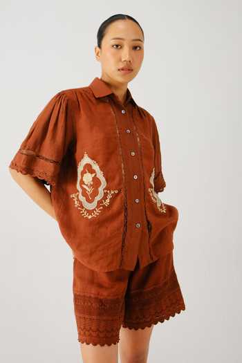 Buy_Cord_Brown Linen Cut Work Collared Victorian Placement Embroidered Shirt _at_Aza_Fashions