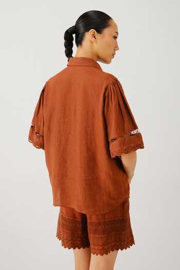 Shop_Cord_Brown Linen Cut Work Collared Victorian Placement Embroidered Shirt _at_Aza_Fashions