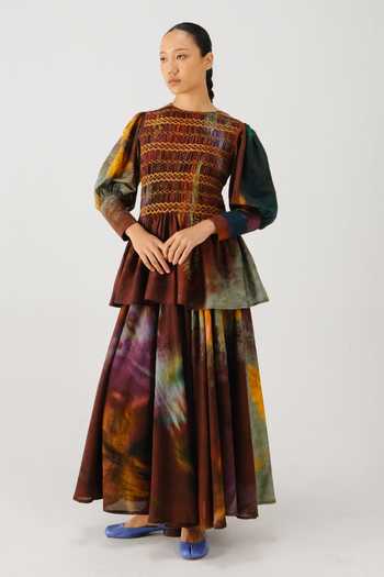 Buy_Cord_Multi Color Silk, Cotton Smocking Round Neck Gaia X Ray Printed Top And Skirt Set _at_Aza_Fashions