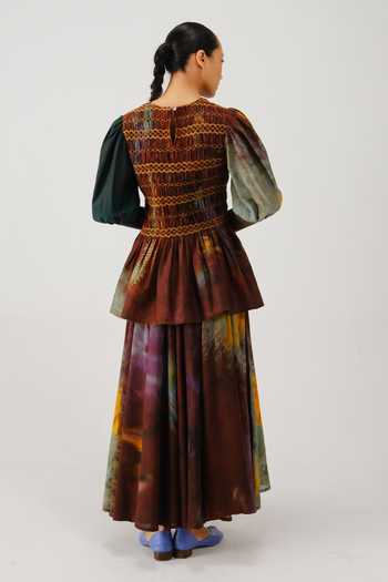 Shop_Cord_Multi Color Silk, Cotton Smocking Round Neck Gaia X Ray Printed Top And Skirt Set _at_Aza_Fashions