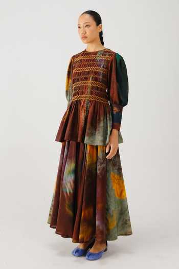 Shop_Cord_Multi Color Silk, Cotton Smocking Round Neck Gaia X Ray Printed Top And Skirt Set _Online_at_Aza_Fashions