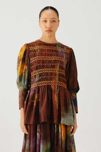 Cord_Multi Color Silk, Cotton Smocking Round Neck Gaia X Ray Printed Top And Skirt Set _at_Aza_Fashions