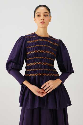 Buy_Cord_Purple Silk, Cotton Smocking Round Neck Gaia Top _at_Aza_Fashions