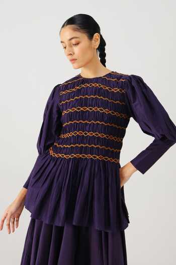 Buy_Cord_Purple Silk, Cotton Smocking Round Neck Gaia Top _Online_at_Aza_Fashions