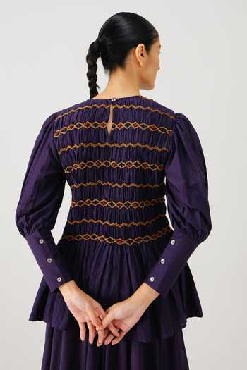 Shop_Cord_Purple Silk, Cotton Smocking Round Neck Gaia Top _at_Aza_Fashions