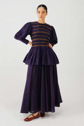 Buy_Cord_Purple Silk, Cotton Smocking Round Neck Gaia Top And Skirt Set _at_Aza_Fashions