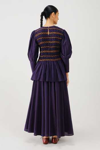 Shop_Cord_Purple Silk, Cotton Smocking Round Neck Gaia Top And Skirt Set _at_Aza_Fashions