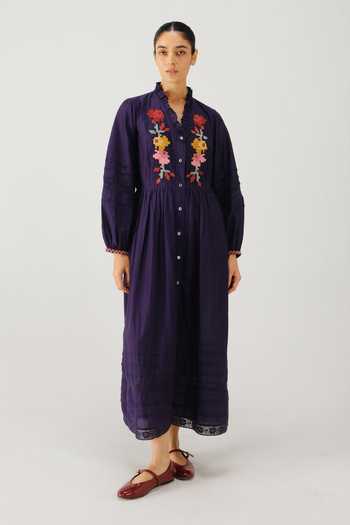Cord_Purple Silk, Cotton Embroidery V-neck Jade Pixel Dress _Online_at_Aza_Fashions