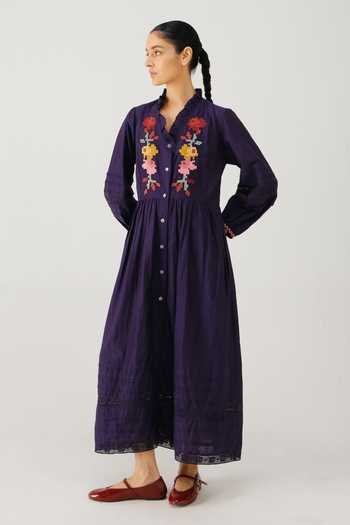 Buy_Cord_Purple Silk, Cotton Embroidery V-neck Jade Pixel Dress _at_Aza_Fashions