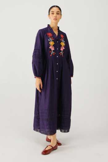 Buy_Cord_Purple Silk, Cotton Embroidery V-neck Jade Pixel Dress _Online_at_Aza_Fashions