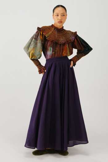 Cord_Multi Color Silk, Cotton Smocking High Neck Theo X Ray Print Top _Online_at_Aza_Fashions