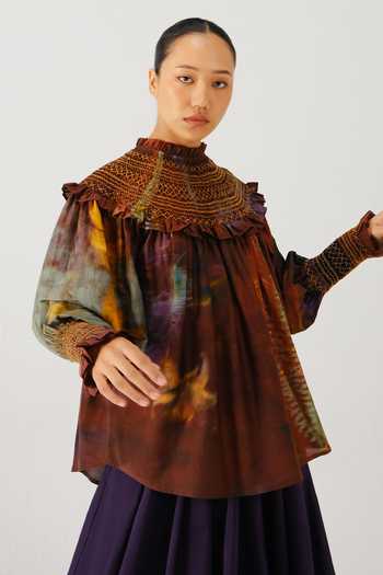 Shop_Cord_Multi Color Silk, Cotton Smocking High Neck Theo X Ray Print Top _Online_at_Aza_Fashions