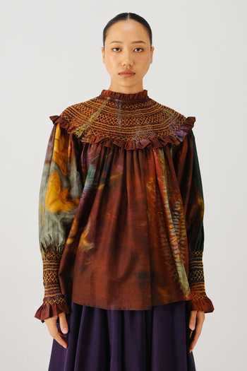 Buy_Cord_Multi Color Silk, Cotton Smocking High Neck Theo X Ray Print Top _at_Aza_Fashions