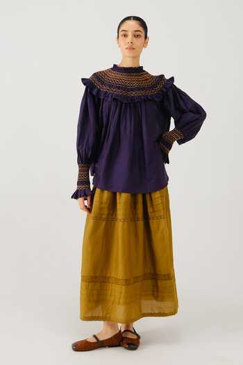 Buy_Cord_Purple Silk, Cotton Smocking High Neck Theo Top _Online_at_Aza_Fashions