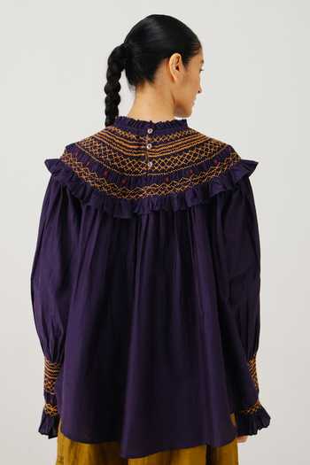 Shop_Cord_Purple Silk, Cotton Smocking High Neck Theo Top _at_Aza_Fashions