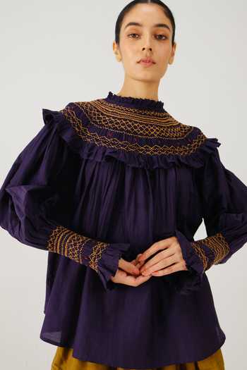 Shop_Cord_Purple Silk, Cotton Smocking High Neck Theo Top _Online_at_Aza_Fashions