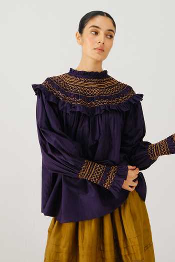 Cord_Purple Silk, Cotton Smocking High Neck Theo Top _at_Aza_Fashions