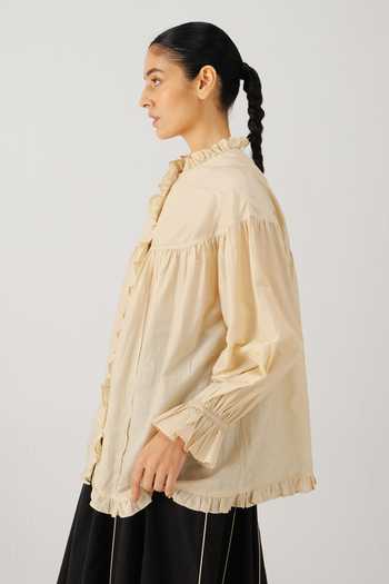 Cord_Ivory Silk, Cotton Embroidery, Ruffles Mandarin Collar Fiji Top _Online_at_Aza_Fashions