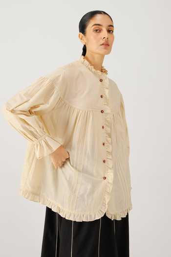 Buy_Cord_Ivory Silk, Cotton Embroidery, Ruffles Mandarin Collar Fiji Top _Online_at_Aza_Fashions