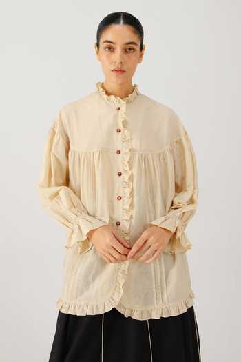Buy_Cord_Ivory Silk, Cotton Embroidery, Ruffles Mandarin Collar Fiji Top _at_Aza_Fashions