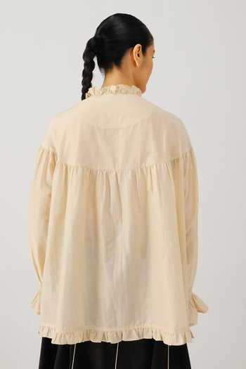 Shop_Cord_Ivory Silk, Cotton Embroidery, Ruffles Mandarin Collar Fiji Top _at_Aza_Fashions