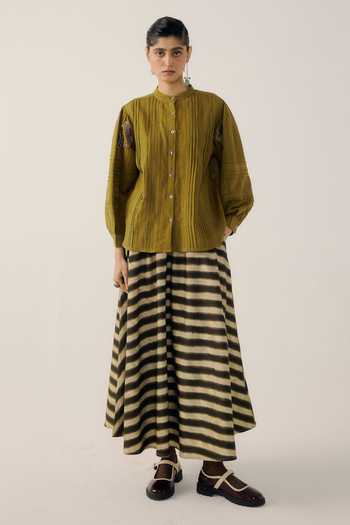 Shop_Cord_Multicolor Cotton Satin Striped Print Circle Skirt _at_Aza_Fashions