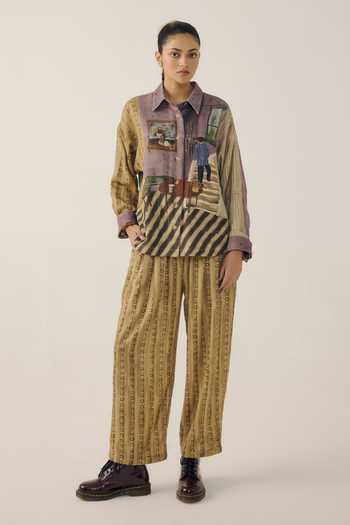 Buy_Cord_Mustard Wool Striped Print Drawstring Pant _at_Aza_Fashions