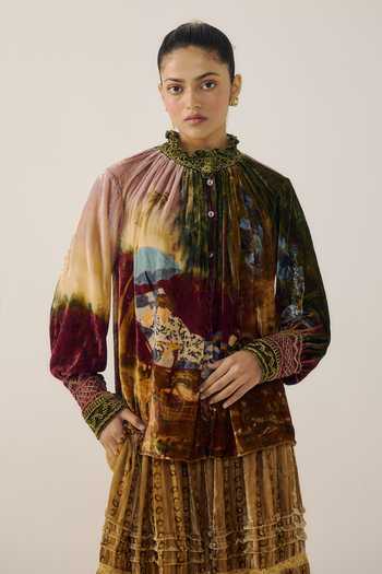 Cord_Multi Color Velvet Smocking High Neck Farmer Lakeside Print Top _Online_at_Aza_Fashions