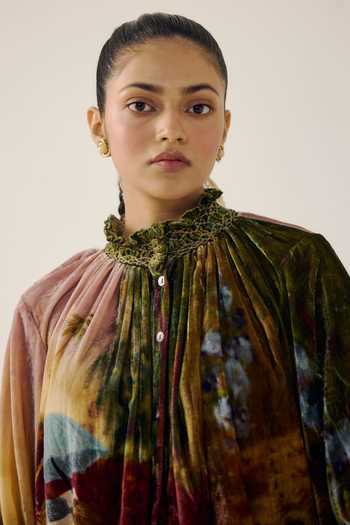 Buy_Cord_Multi Color Velvet Smocking High Neck Farmer Lakeside Print Top _Online_at_Aza_Fashions