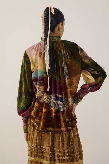 Shop_Cord_Multi Color Velvet Smocking High Neck Farmer Lakeside Print Top _at_Aza_Fashions