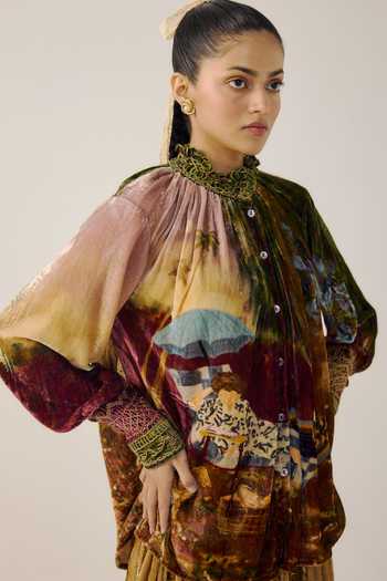 Cord_Multi Color Velvet Smocking High Neck Farmer Lakeside Print Top _at_Aza_Fashions