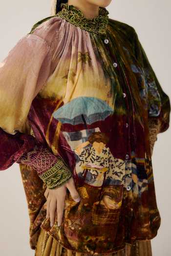 Buy_Cord_Multi Color Velvet Smocking High Neck Farmer Lakeside Print Top 
