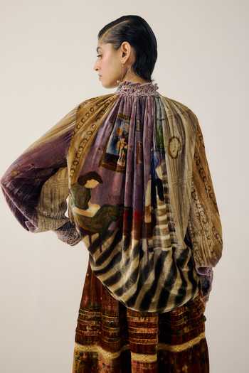Shop_Cord_Multi Color Velvet Smocking High Neck Farmer Living Room Print Top _at_Aza_Fashions
