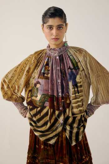 Buy_Cord_Multi Color Velvet Smocking High Neck Farmer Living Room Print Top _at_Aza_Fashions