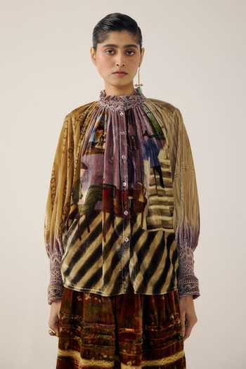 Buy_Cord_Multi Color Velvet Smocking High Neck Farmer Living Room Print Top _Online_at_Aza_Fashions