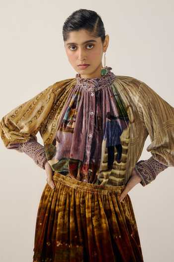 Shop_Cord_Multi Color Velvet Smocking High Neck Farmer Living Room Print Top _Online_at_Aza_Fashions