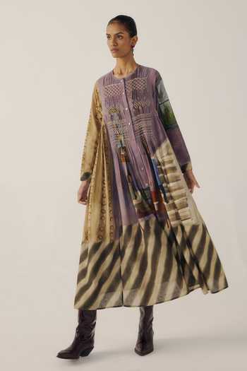 Shop_Cord_Multi Color Cotton Smocking Round Neck Frida Living Room Print Dress _at_Aza_Fashions