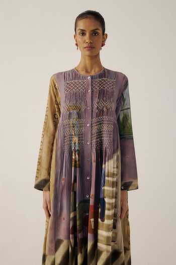 Cord_Multi Color Cotton Smocking Round Neck Frida Living Room Print Dress _Online_at_Aza_Fashions