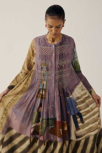 Buy_Cord_Multi Color Cotton Smocking Round Neck Frida Living Room Print Dress _Online_at_Aza_Fashions