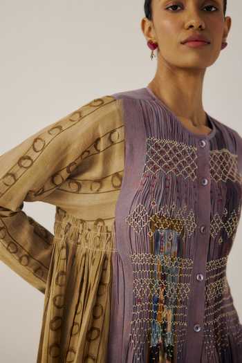 Cord_Multi Color Cotton Smocking Round Neck Frida Living Room Print Dress _at_Aza_Fashions