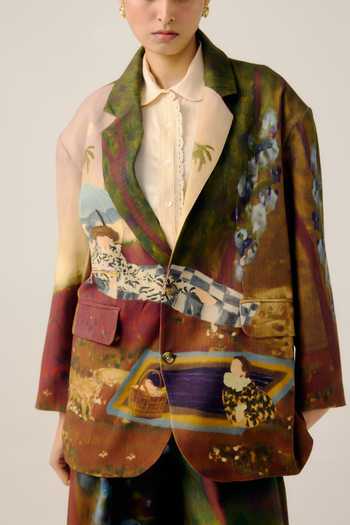 Shop_Cord_Multi Color Wool Notched Neck Poet Lakeside Print Jacket _at_Aza_Fashions