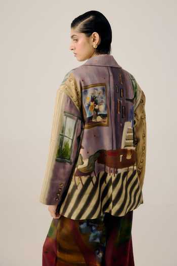 Shop_Cord_Multi Color Wool Collared Poet Living Room Print Jacket _at_Aza_Fashions